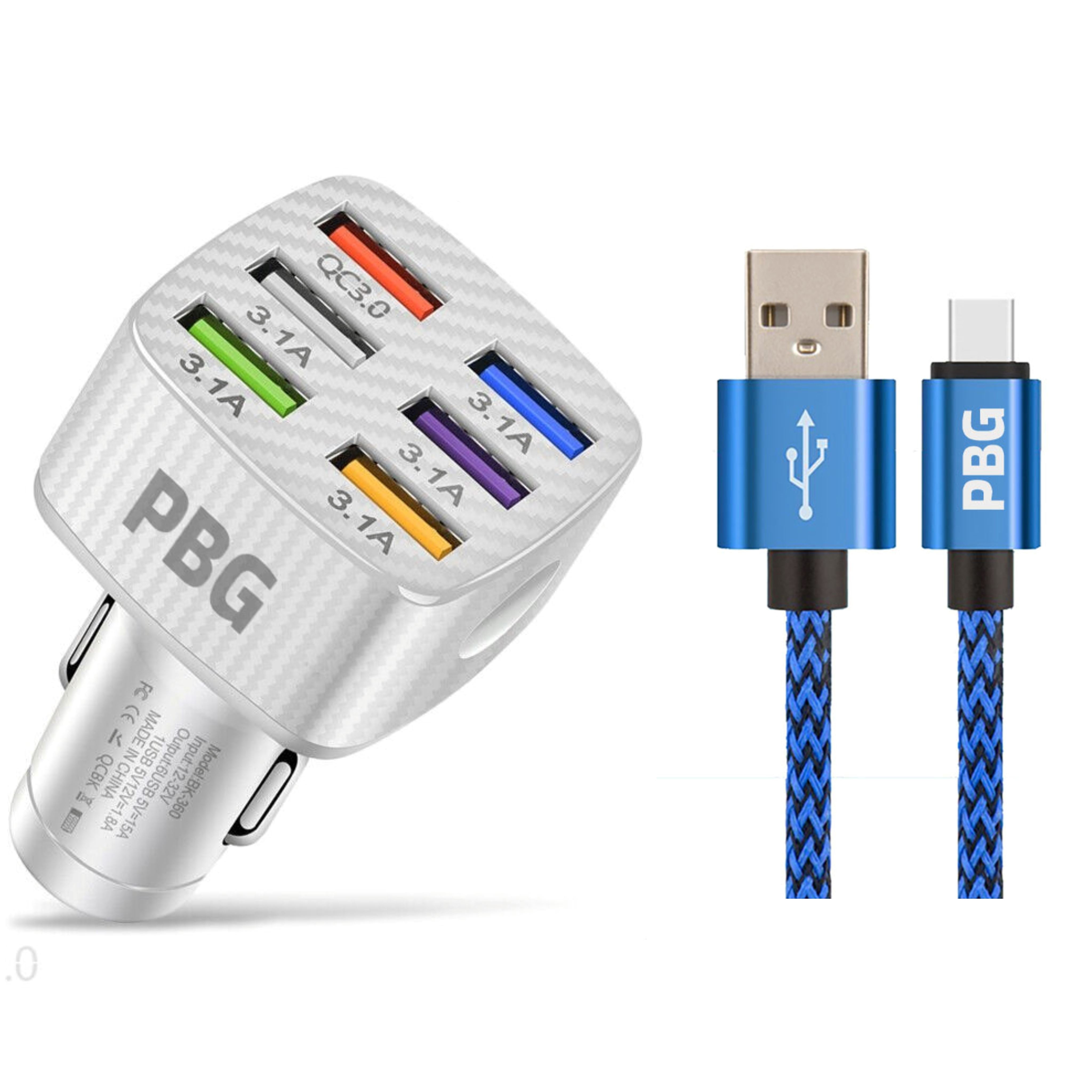 PBG LED 6-Port Car Charger and 10FT XL Zebra Lightning Cable Combo Low Pice Fee Shipping