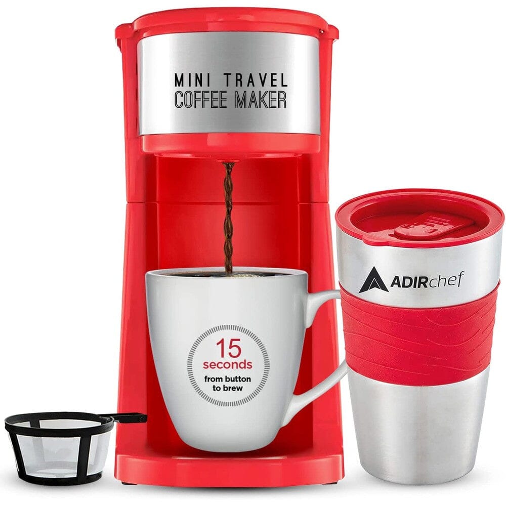 AdirChef Mini Travel Single Serve Coffee Maker & 15 oz. Travel Mug Coffee Tumbler & Reusable Filter Outlet Choice