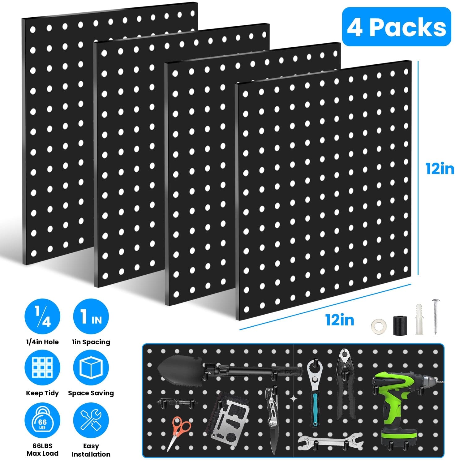 4-Pack: Metal Black Pegboard Wall Organizer with 1 Spacing 1/4 Hole Discount Eastbay