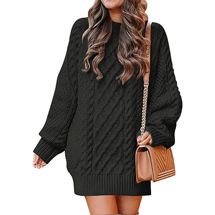 Women Crewneck Long Sleeve Oversized Cable Knit Chunky Pullover Short Sweater Dresses Free Shipping Shop