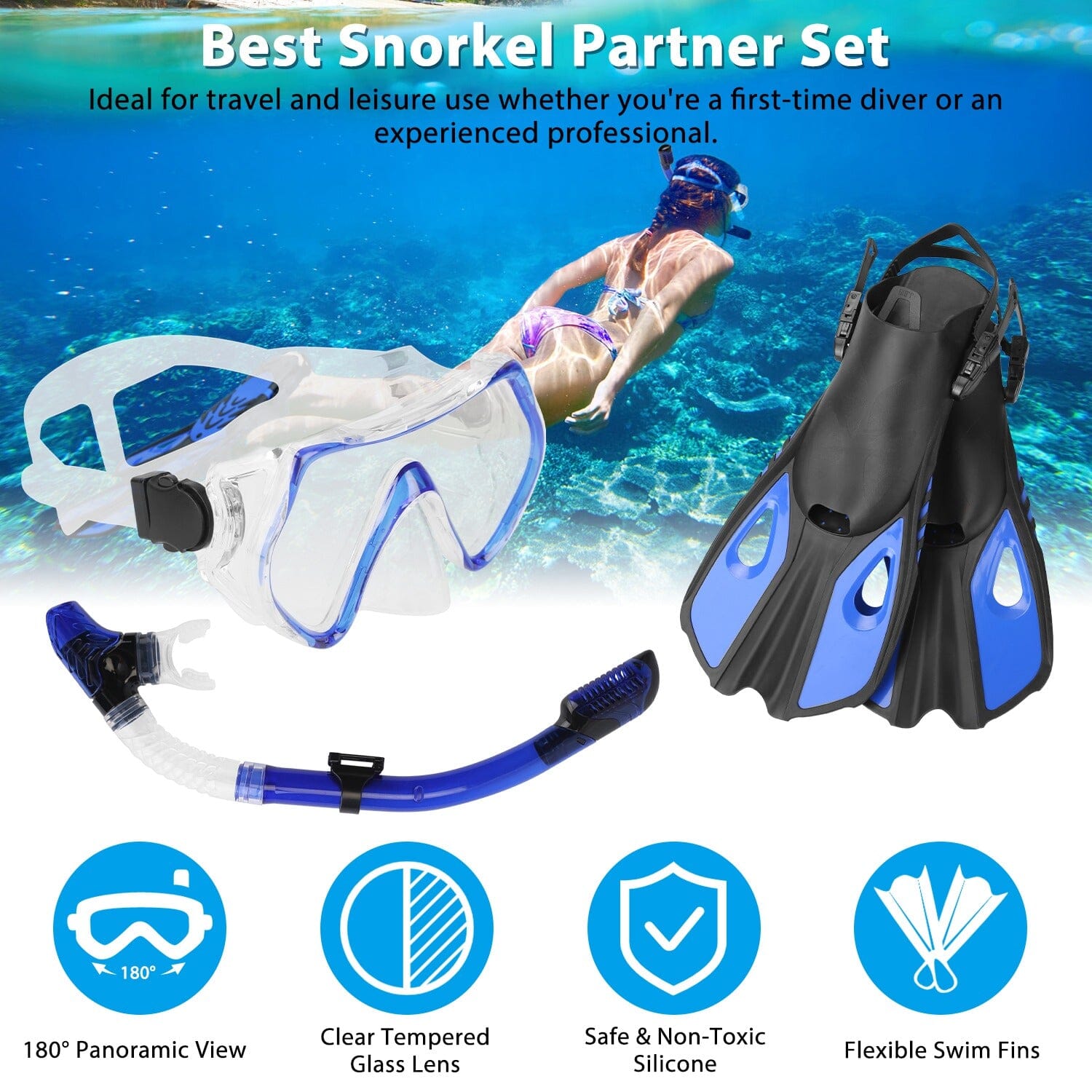 Snorkling Gear Mask Fin Set with Adjustable Swim Fins Cheap Sale Comfortable