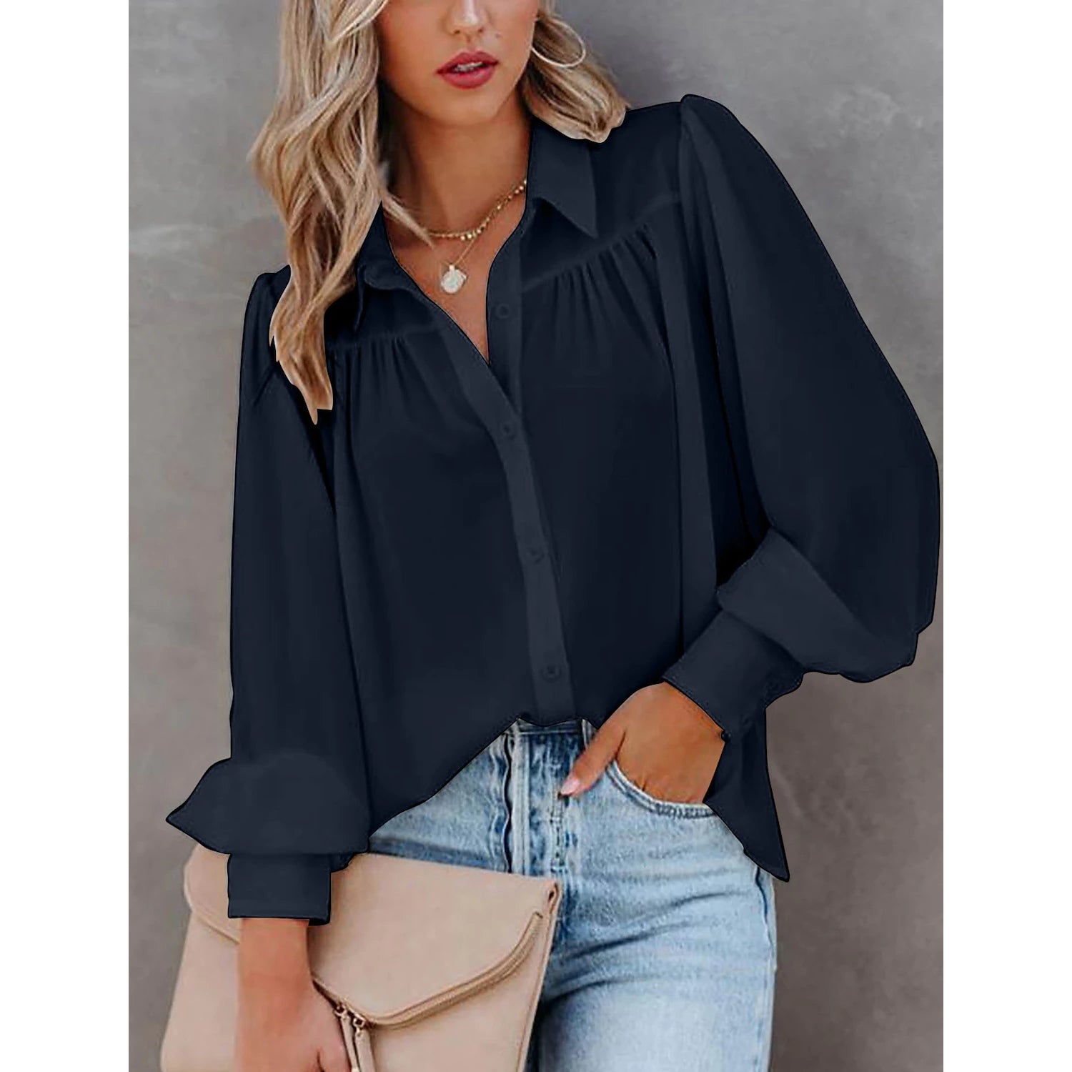 Womens Blouse Shirt Plain Button Long Sleeve Cheap Sale 100% Guaranteed