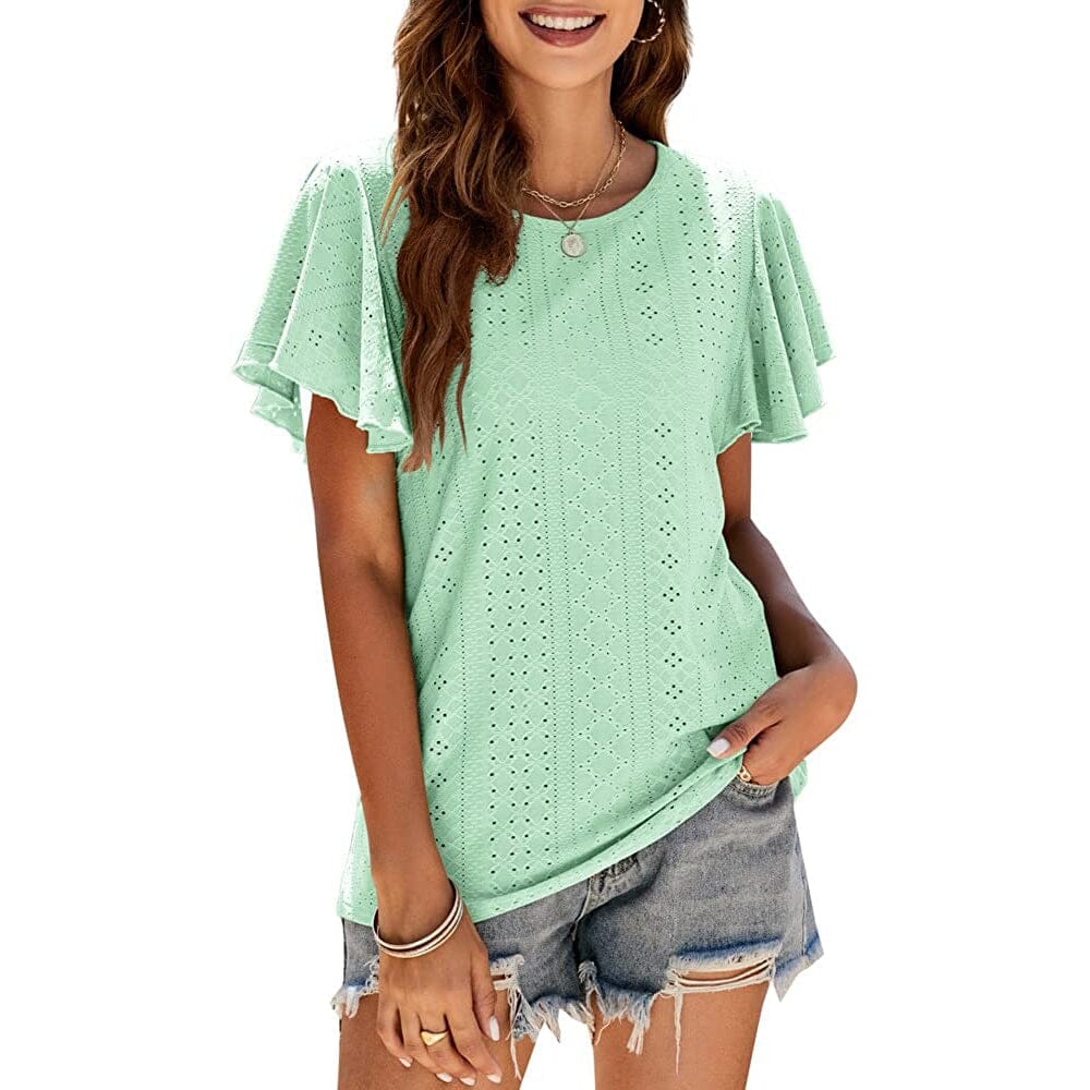 Womens Casual T-Shirts Summer Crew Neck Ruffle Sleeve Tees Tunic Tops Free Shipping Low Pice Fee Shipping