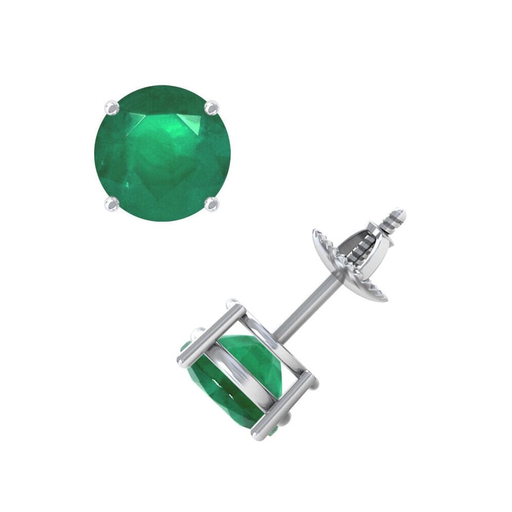 1/2 Ct TW Round Natural Earth-Mined Brilliant Emerald Stud Earrings 14K White Gold with Screw Backs Authentic