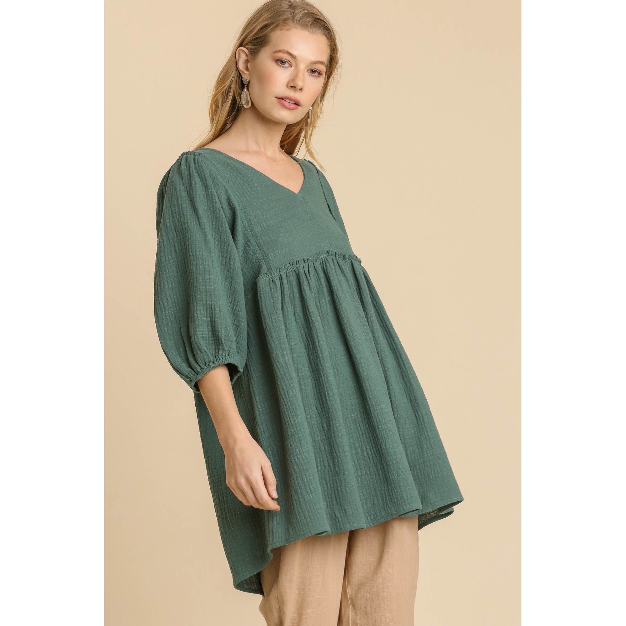 Gauze Slub V-neck Frayed Edge Detail Tunic Dress Extremely Cheap Pice