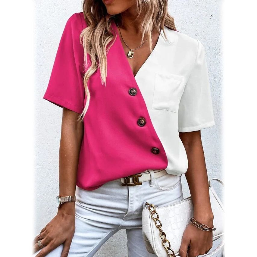 Women's Pocket Button V-Neck Short Sleeve Shirt Outlet Huge Surprise