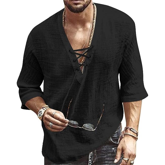 Men's Fashion Shirt Short Sleeve Beach V-Neck Drawstring Clearance Best Seller