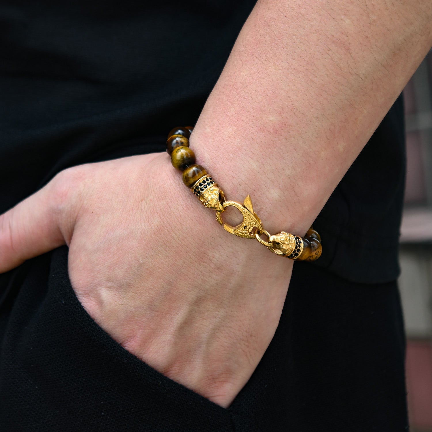 Genuine Tiger Eye Stainless Steel Beaded Bracelet with Black Cubic Zirconia Shop Offer For Sale