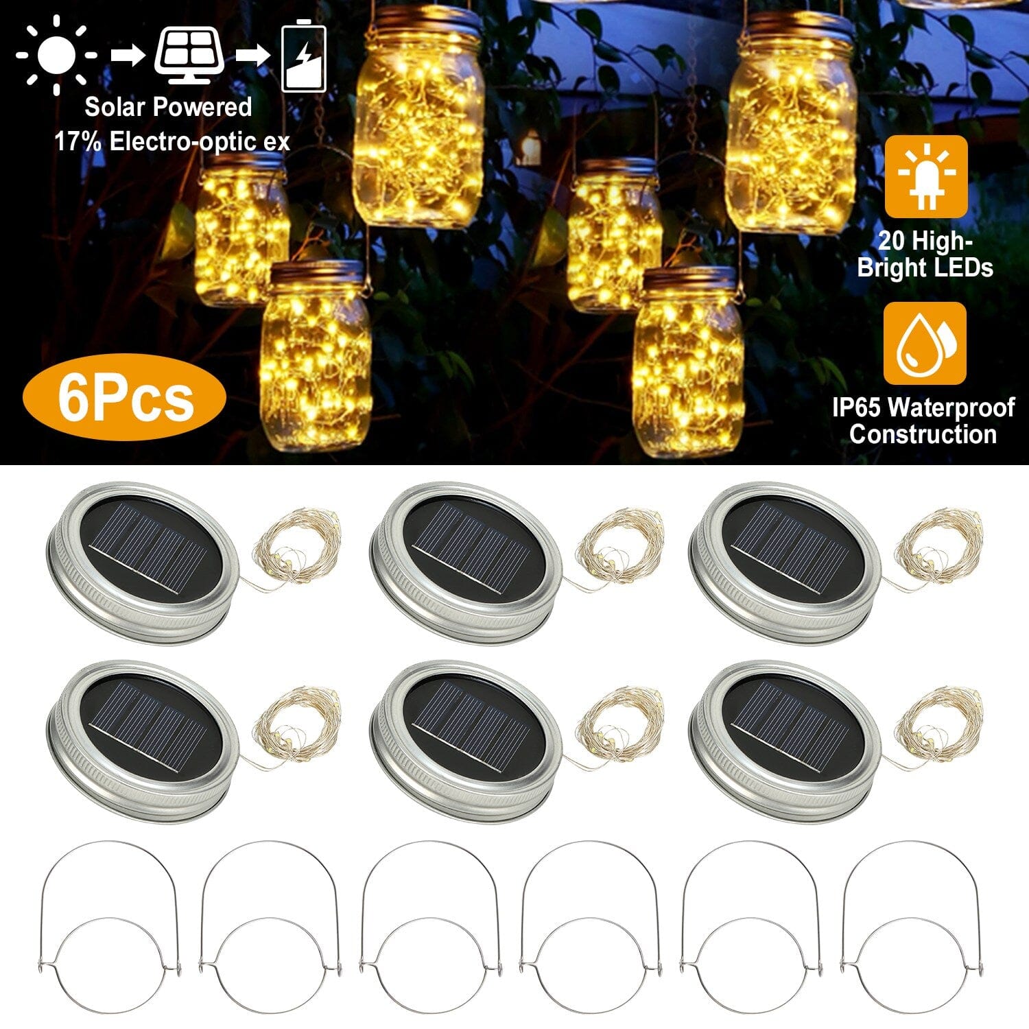 6-Pieces: Solar Powered Mason Jar Lid Lights 20 LEDs Visit Online