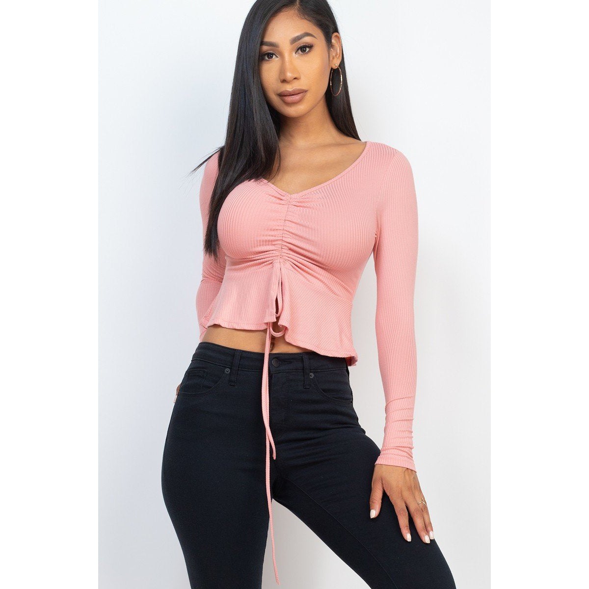 Ribbed Drawstring Front Long Sleeve Peplum Top For Sale Cheap Pice From China