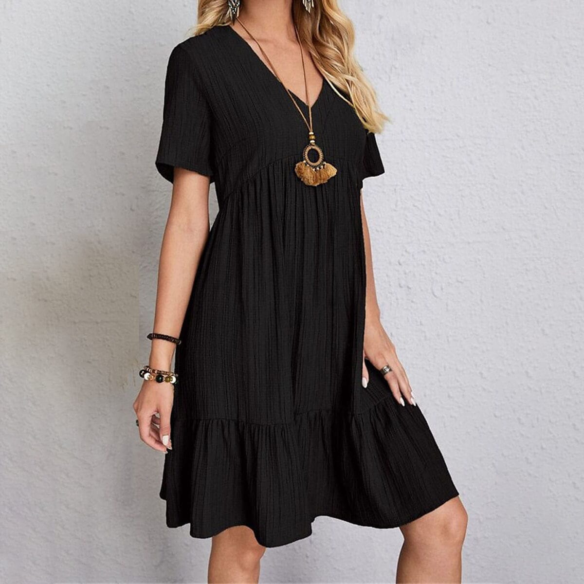 Women's Casual Dress Ruffle V Neck Midi Shift Dress Recommend Online