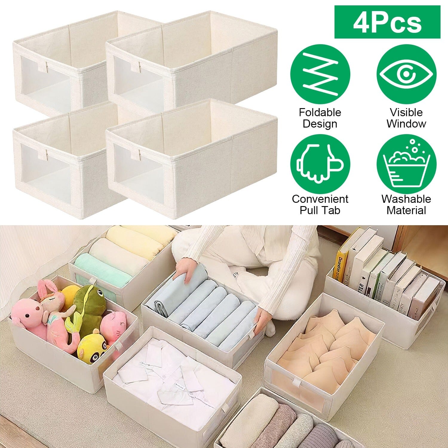 4-Pieces: Foldable Linen Clothing Storage Bin with Visible Clear Window High Quality For Sale