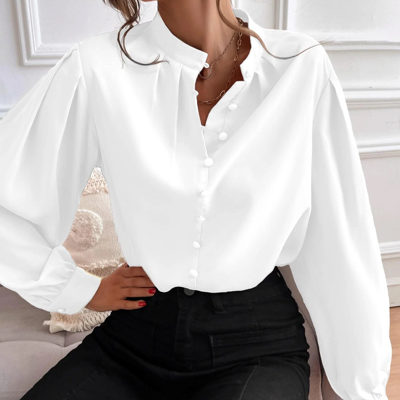 Bishop Sleeve Button Up Blouse Sale Sast