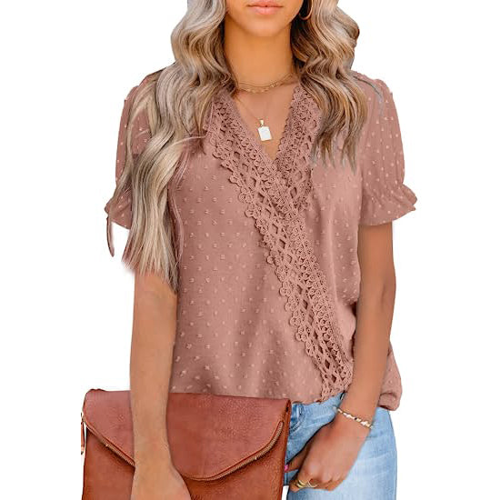 Women's Casual Lace Pom Pom V Neck Chiffon Short Sleeve Top Free Shipping Sale Online