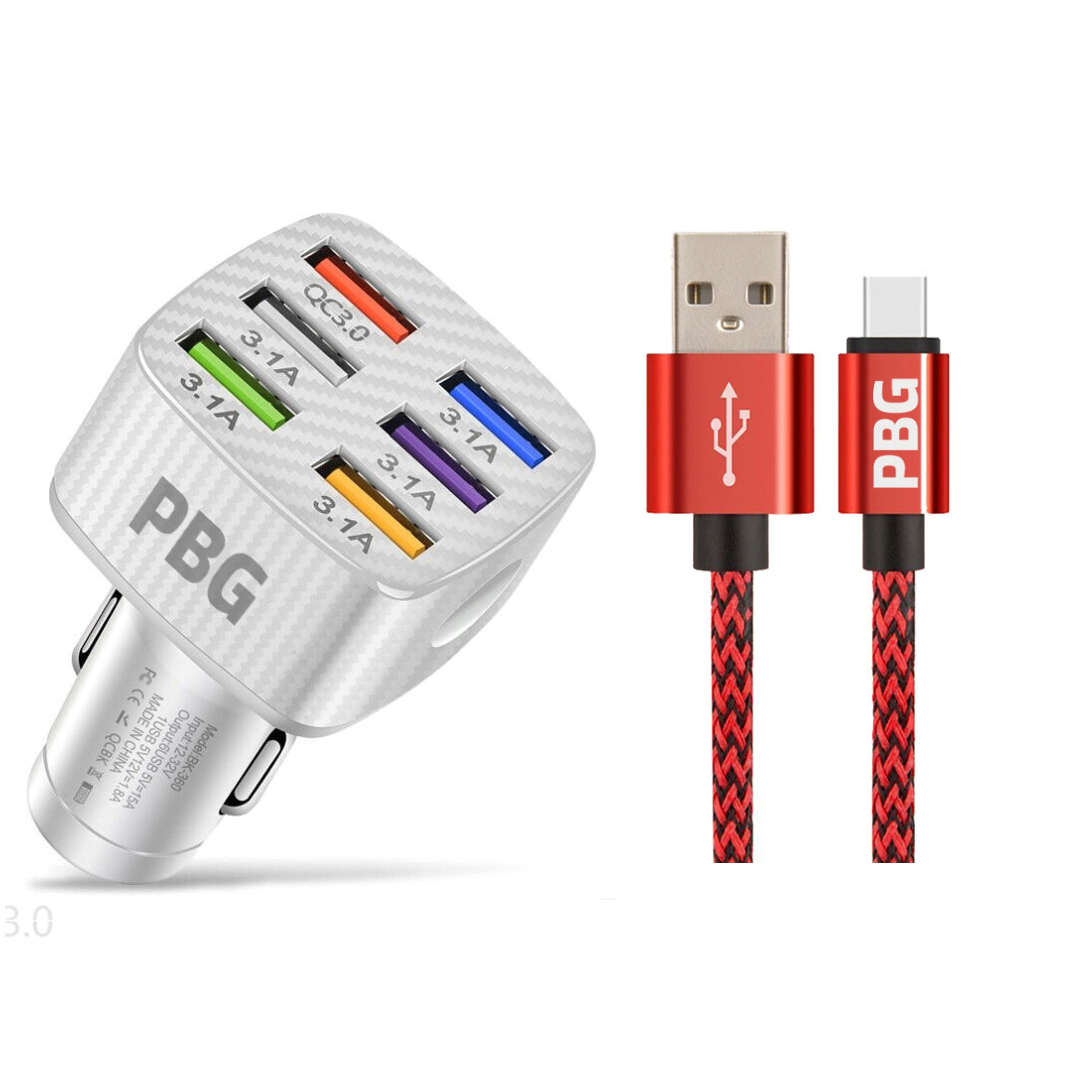 PBG LED 6-Port Car Charger and 10FT XL Zebra Lightning Cable Combo Low Pice Fee Shipping