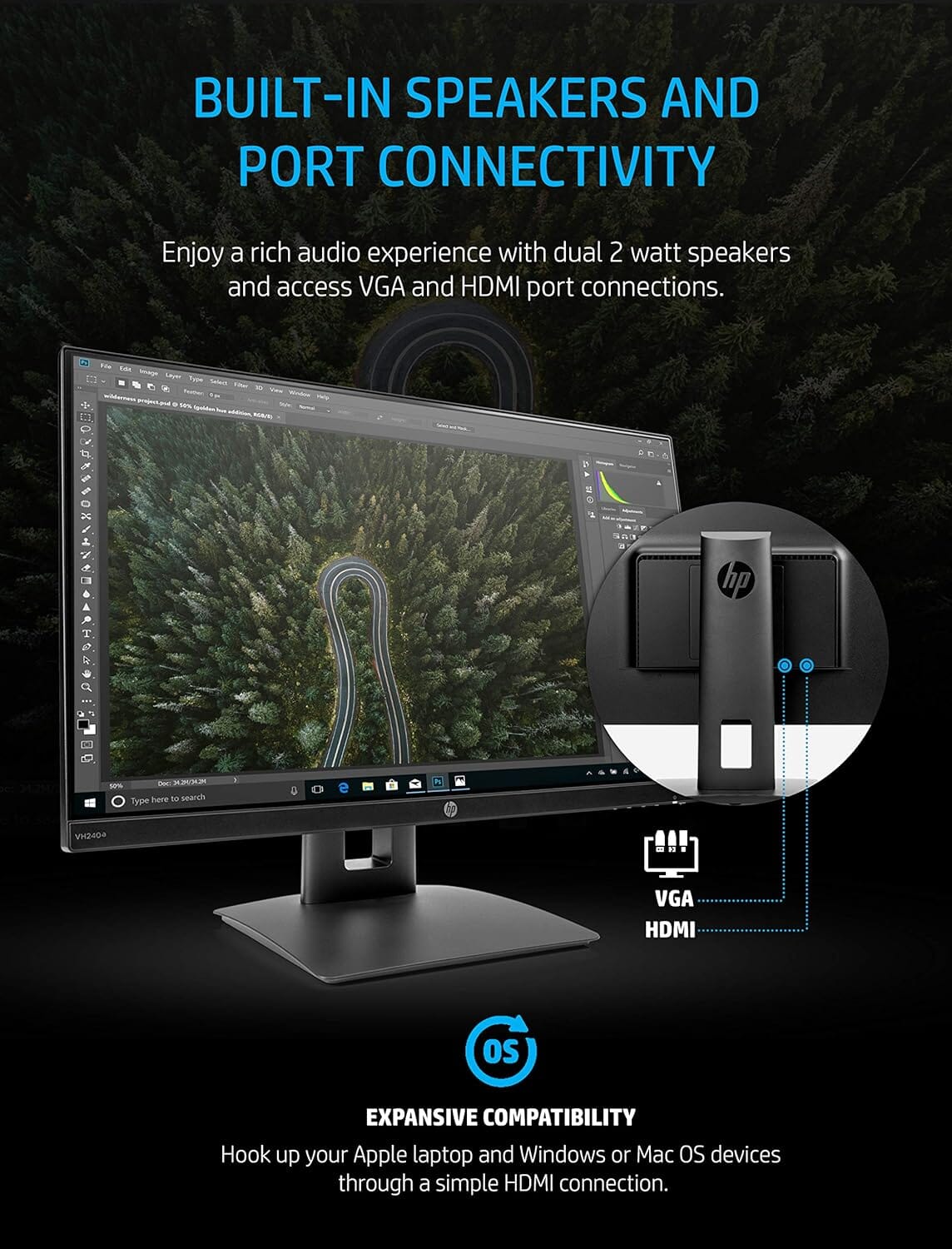 HP 23.8” VH240a IPS FHD LED Monitor HDMI VGA Speakers (Refurbished) Clearance Pre Order
