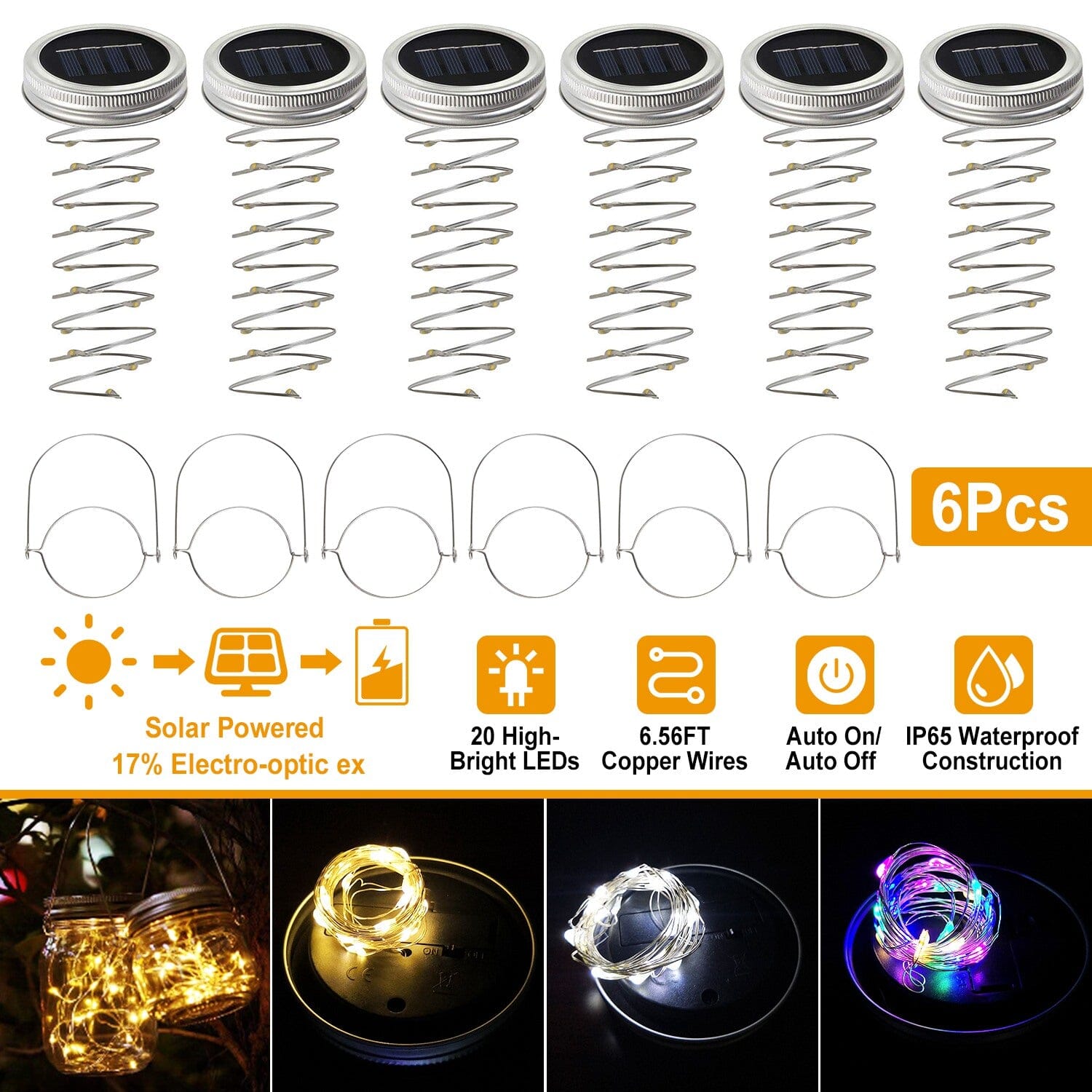 6-Pieces: Solar Powered Mason Jar Lid Lights 20 LEDs Visit Online