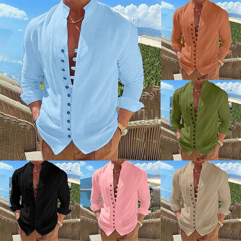 Men's Linen Button Up Shirt Long Sleeve Plain Band Collar Sast Cheap Pice