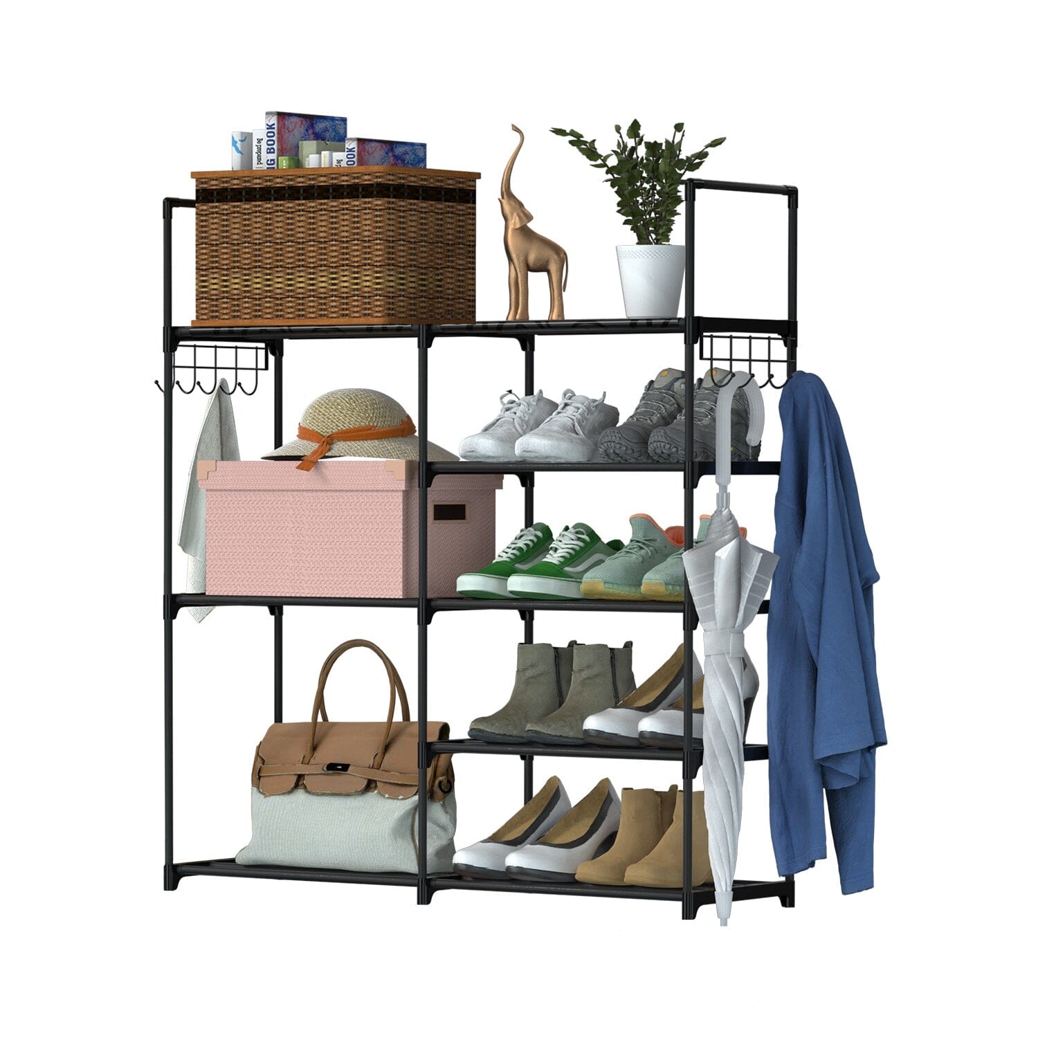 Metal Shoe Storage Shelf Free Standing Shoe Stand with 2 Row Hooks For Nice Cheap Online