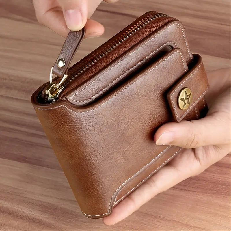 Men's PU Leather Solid Color Business Wallet, Card Holder With Zipper & Button Quality Free Shipping