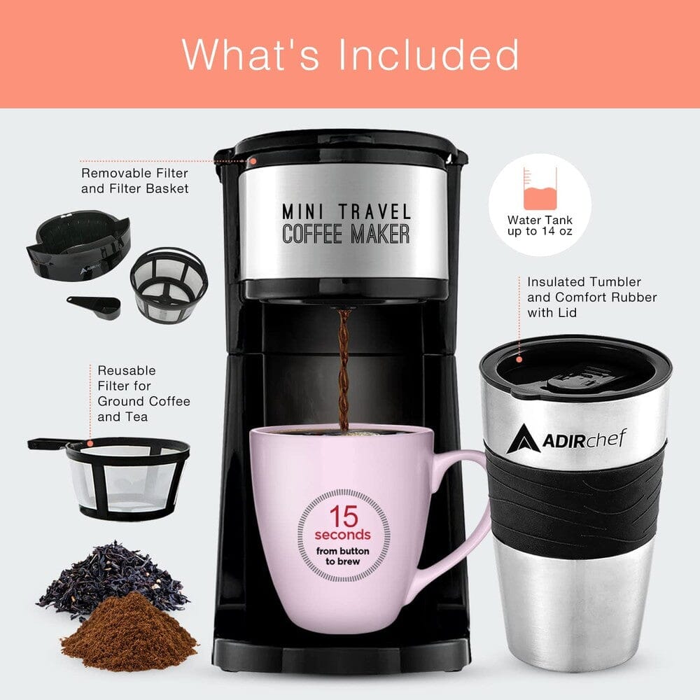 AdirChef Mini Travel Single Serve Coffee Maker & 15 oz. Travel Mug Coffee Tumbler & Reusable Filter Outlet Choice