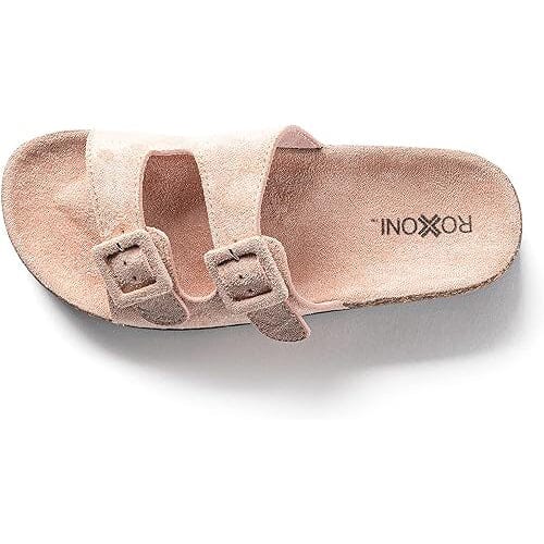 Roxoni Women Comfort Sandals Double Buckle Adjustable EVA Flat Slides Footbed Suede with Arch Support Non-Slip Real Cheap Online