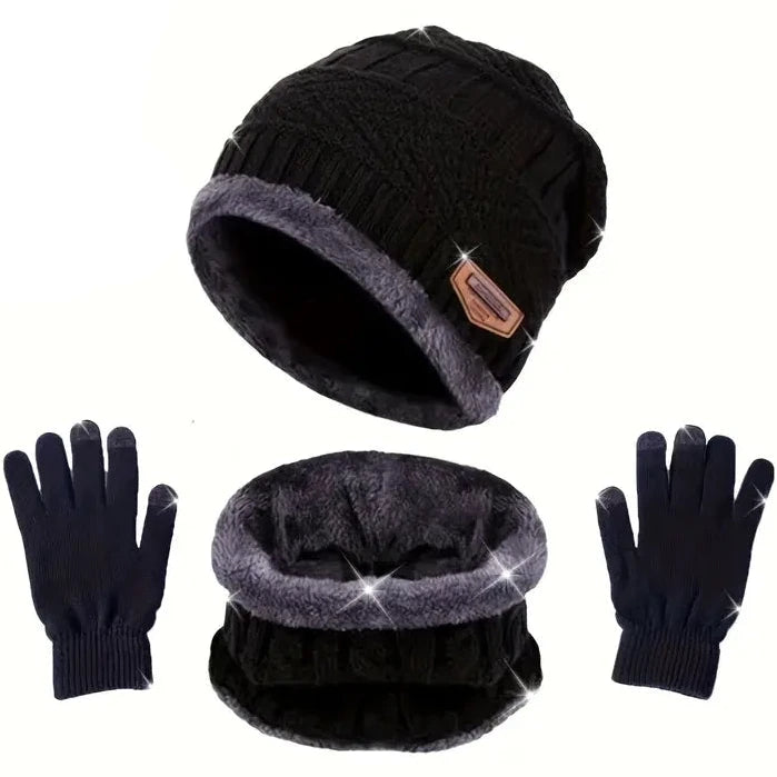 3-Piece Set: Black Knit Hats Warm Beanies Winter Neck Gaiter Elastic Gloves Collections For Sale