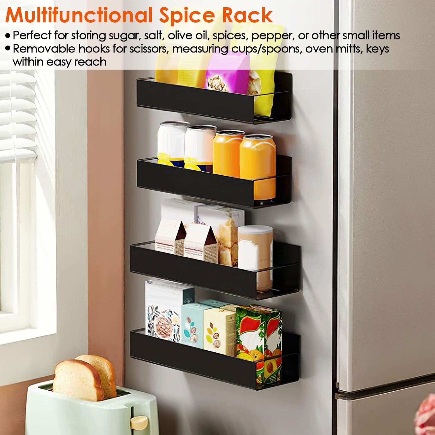 4-Pieces: Spice Rack Strong Magnetic Seasoning Storage Shelf with 8 Removable Hooks Free Shipping Browse