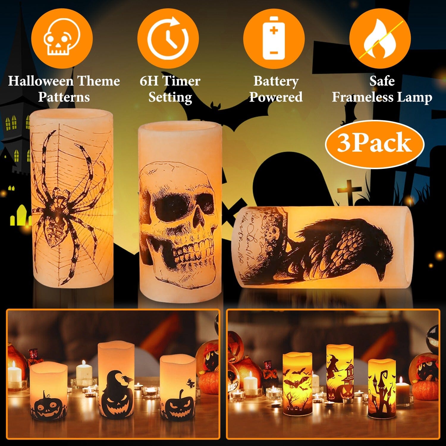 3-Pack: Halloween Battery Operated Flameless Candle Lamp with Timer Setting Sale Explore