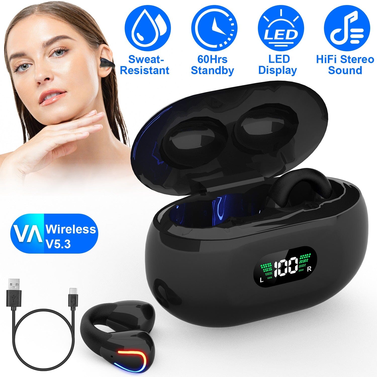 Wireless v5.3 Earbuds Clip-on Open TWS Earphones with Built-in Mic LED Charging Display Case Official Site Sale Online