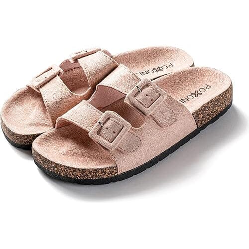 Roxoni Women Comfort Sandals Double Buckle Adjustable EVA Flat Slides Footbed Suede with Arch Support Non-Slip Real Cheap Online