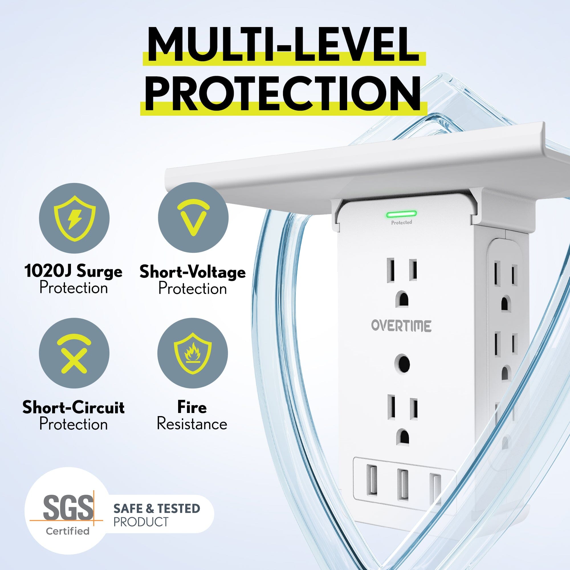 Overtime Outlet Extender with 8 AC and 3 USB Outlets Detachable Shelf Multi-Plug Outlet Extender with Surge Protector Clearance Perfect