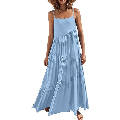 Women's Summer Casual Loose Sleeveless Spaghetti Strap Asymmetric Tiered Beach Maxi Long Dress Sale Hot Sale