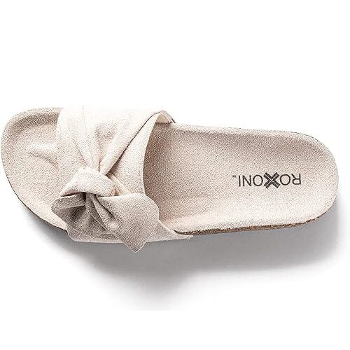 Roxoni Women Comfort Sandals Ribbon Bow Top EVA Flat Slides Footbed Suede with Arch Support Non-Slip Cheap Discount Sale