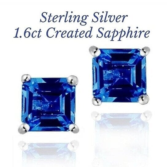 Sterling Silver 1.6 Created Sapphire Square Shape Stud Earring View