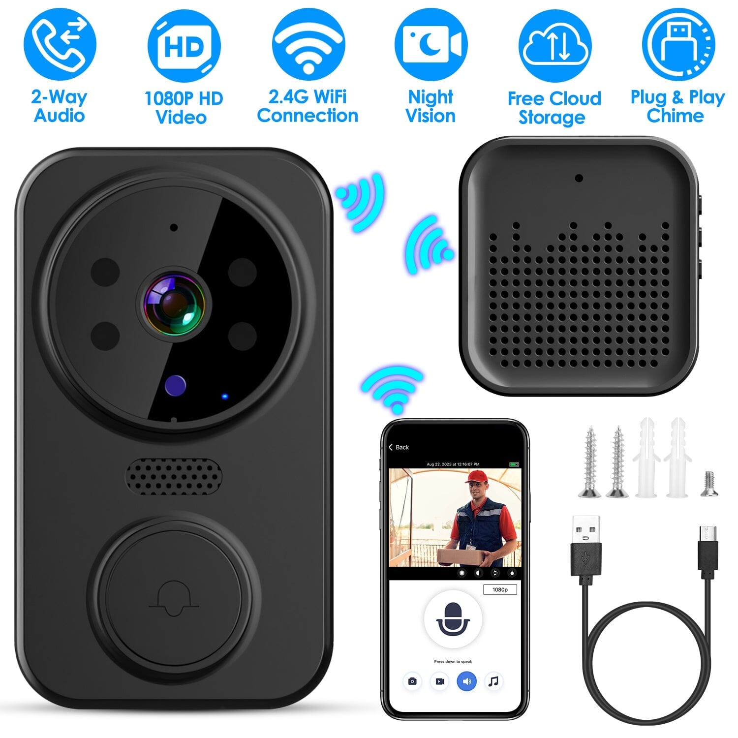 1080P WiFi Security Doorbell Camera 2-Way Audio Free Cloud Storage Free Shipping Outlet