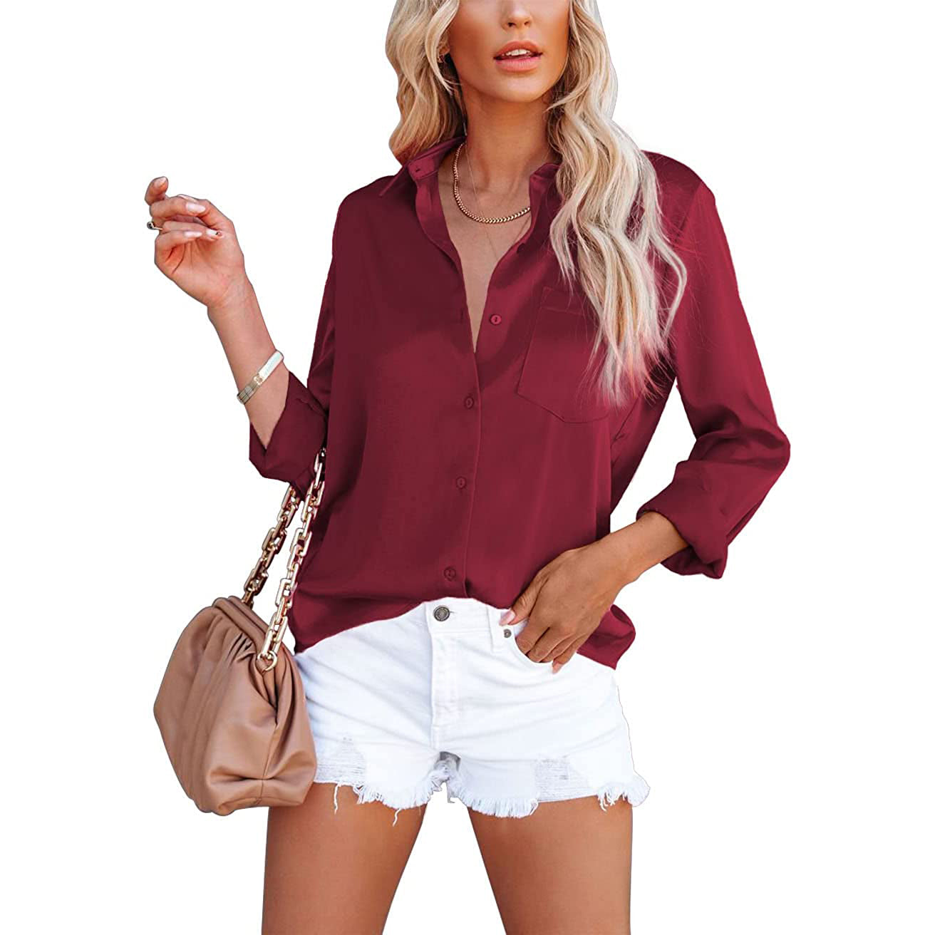 Women's Button Down Shirts Satin V Neck Long Sleeve For Nice Cheap Online