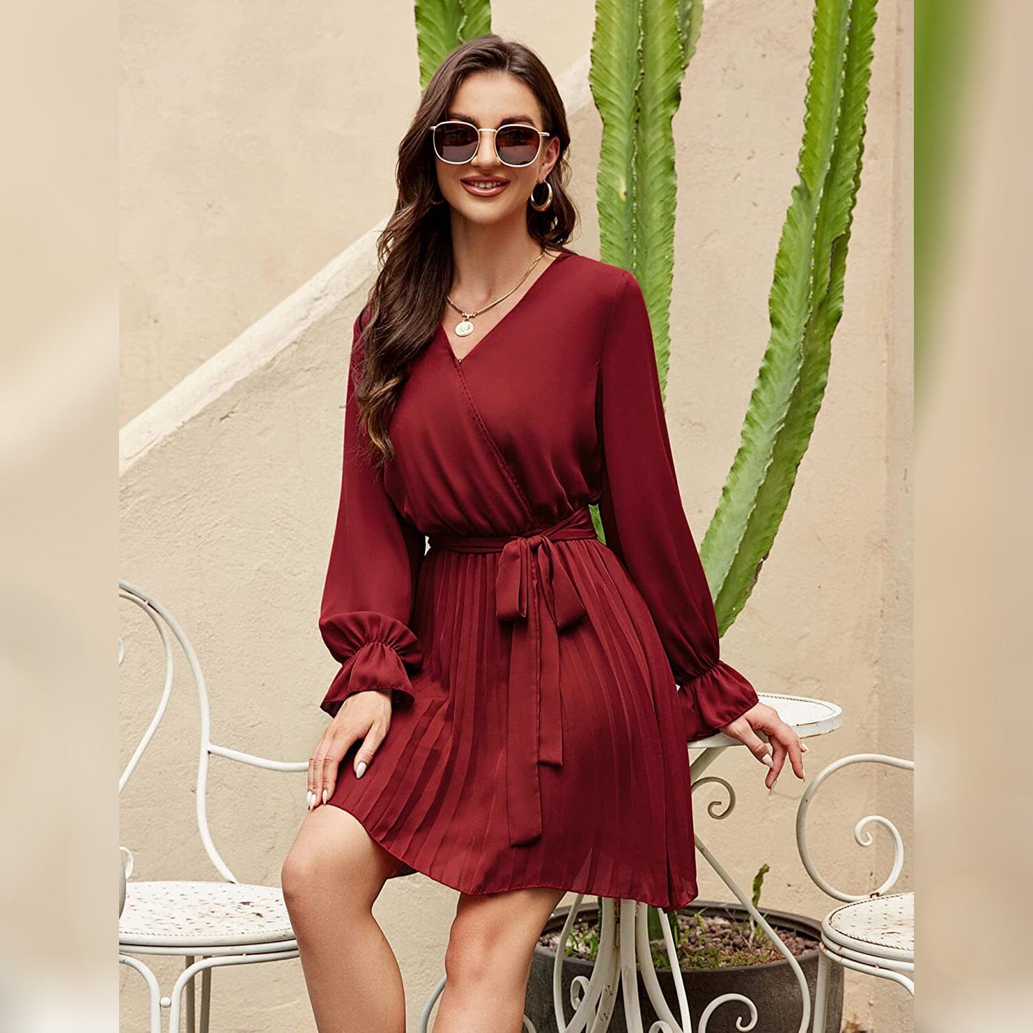 Womens Wrap V Neck Pleated Long Sleeve Mini Dresses Buy Cheap For Nice