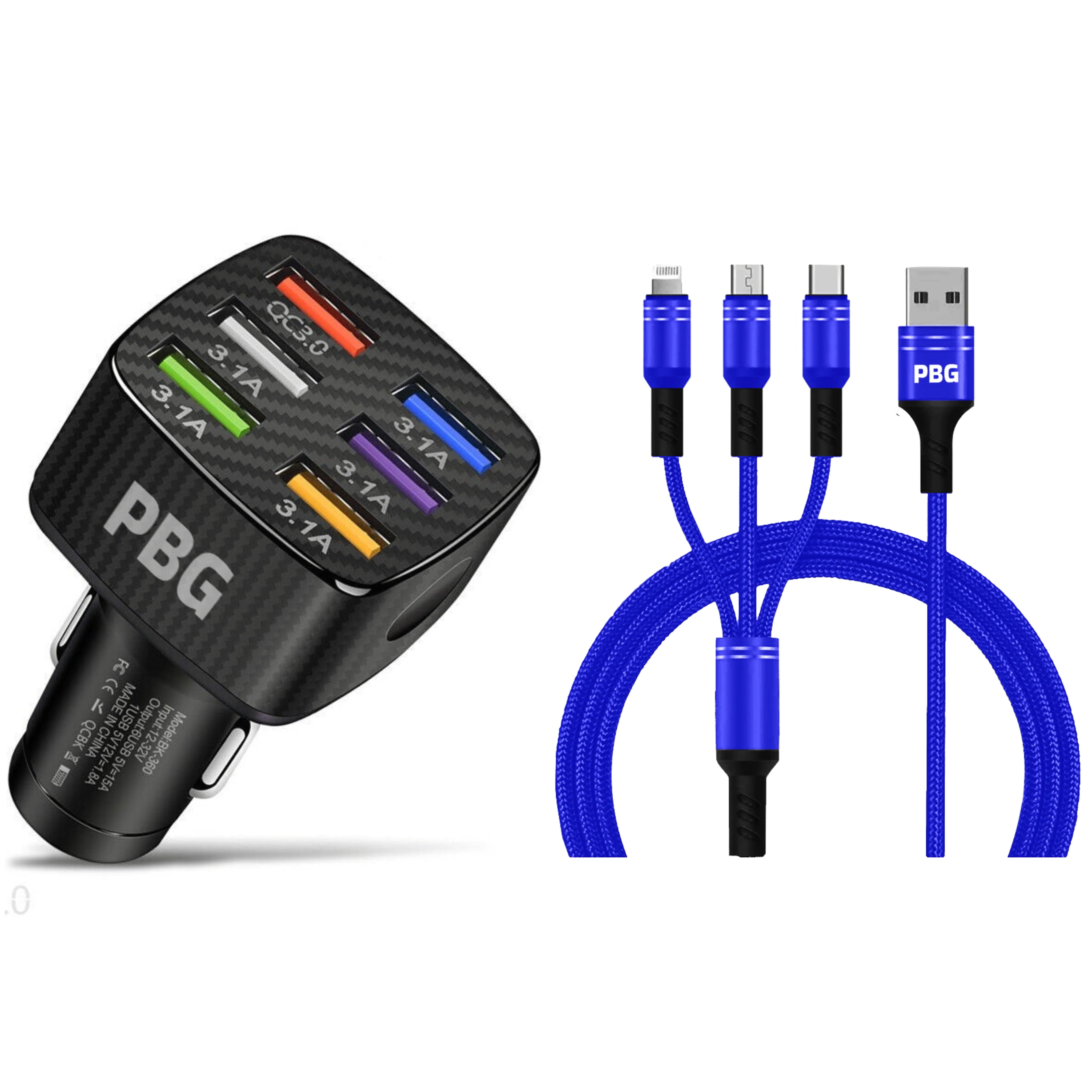 PBG Black LED 6 Port Car Charger and 4FT- 3 In 1 Cable Combo Buy Cheap 2025