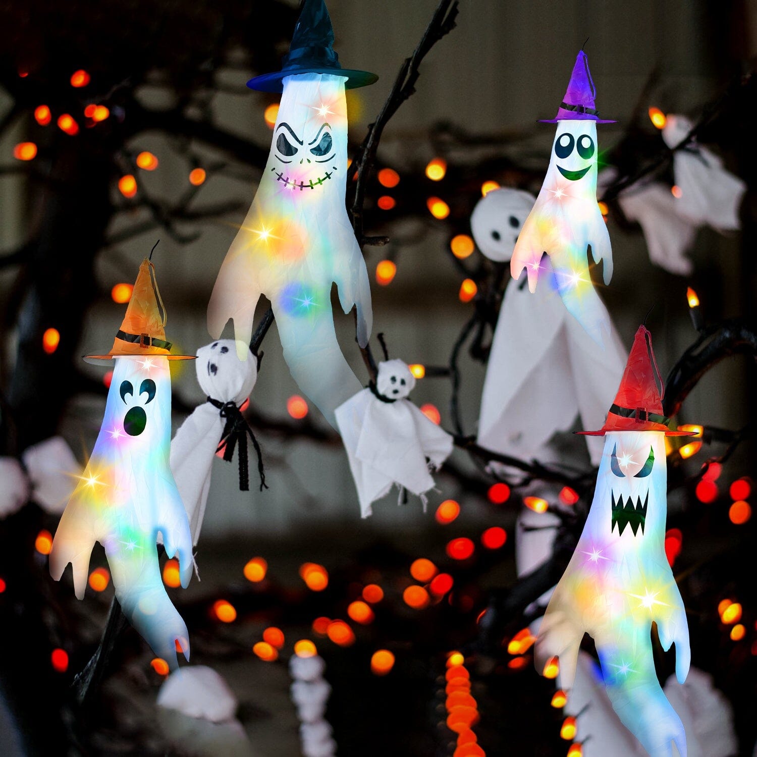 4-Pieces: Halloween Ghosts with Witch Hats Windsocks Hanging Decoration with Colorful LED Light For Sale 2025