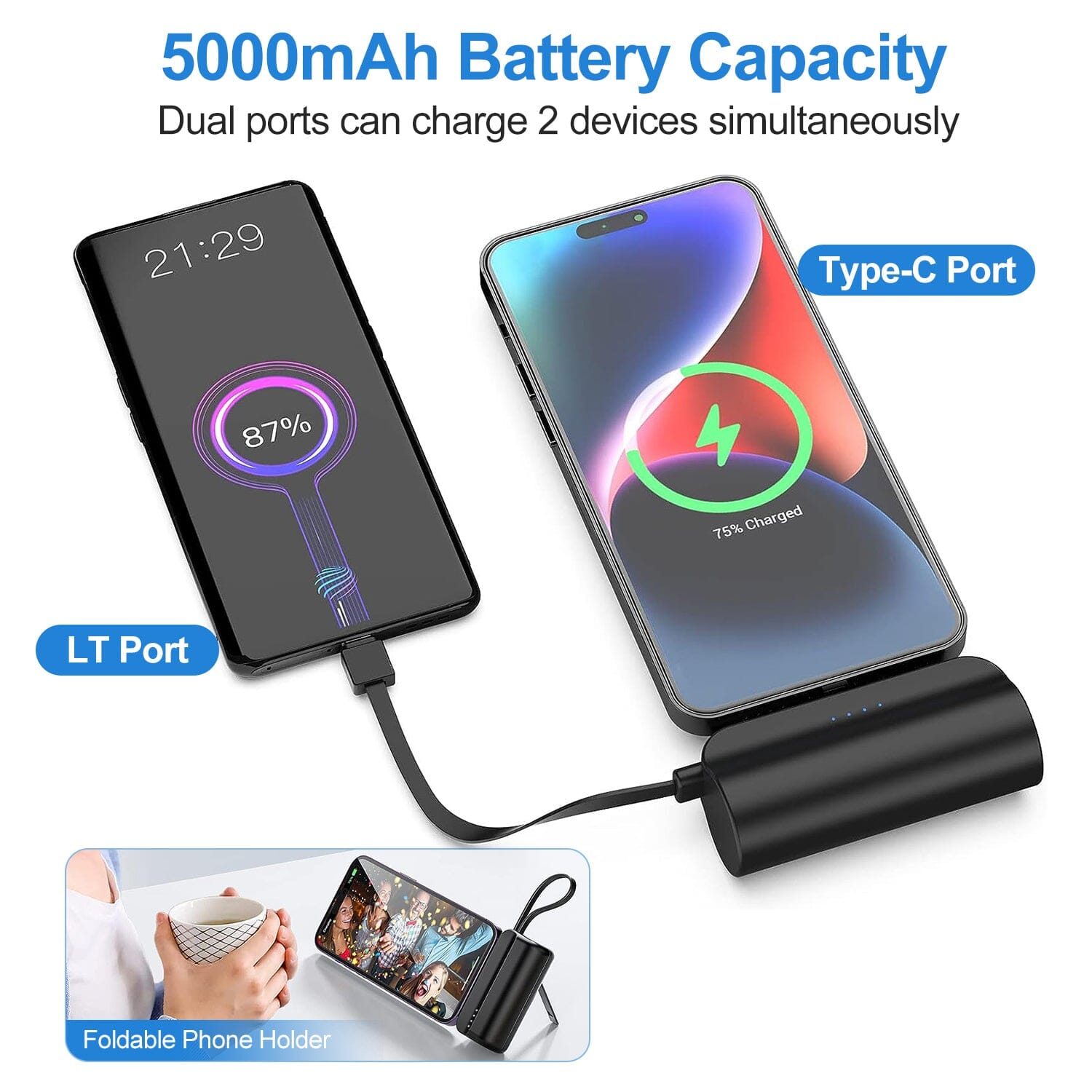 5000mAh Portable Phone Charger Built-in Type C Cable Dual Output Cheap Sale With Credit Card