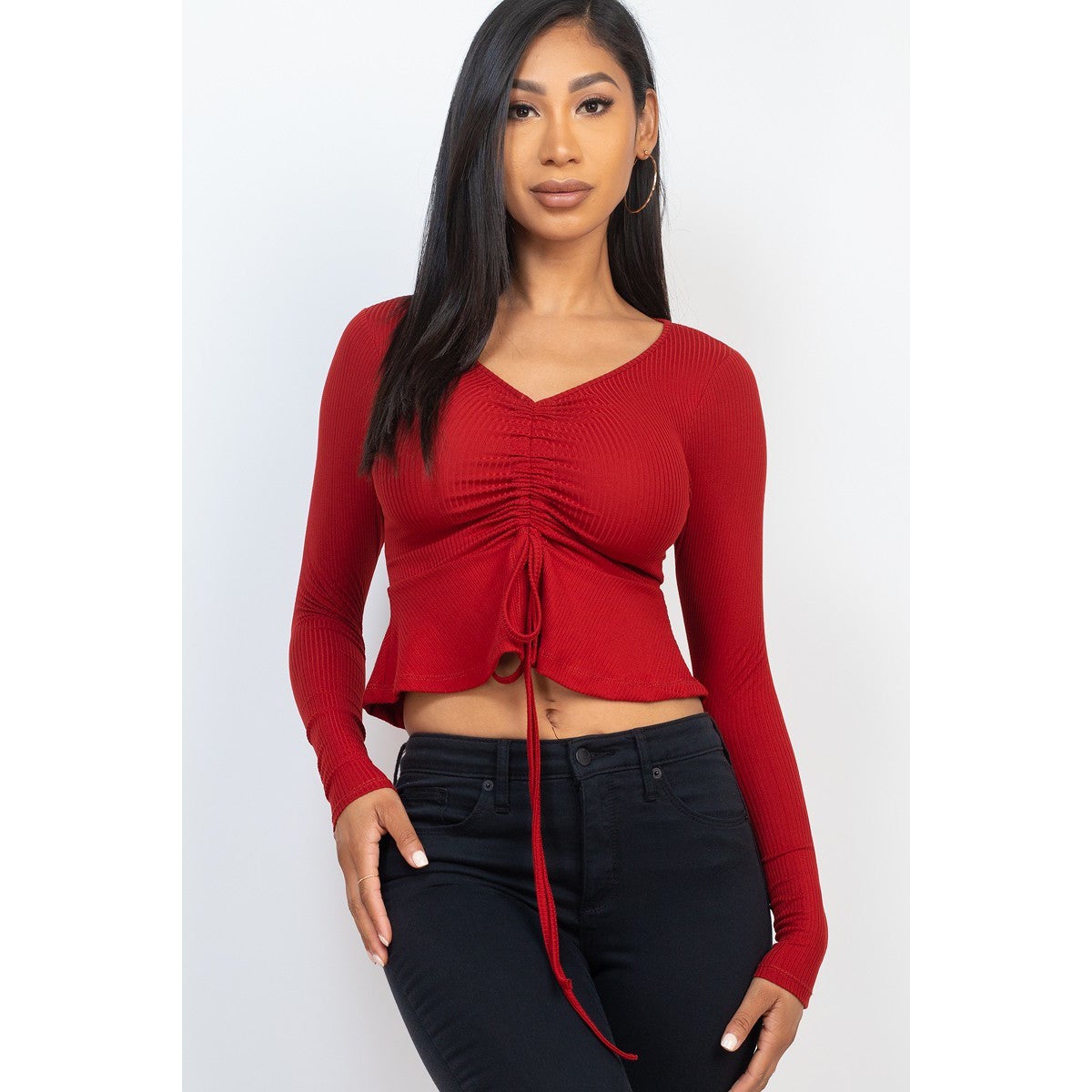 Ribbed Drawstring Front Long Sleeve Peplum Top For Sale Cheap Pice From China