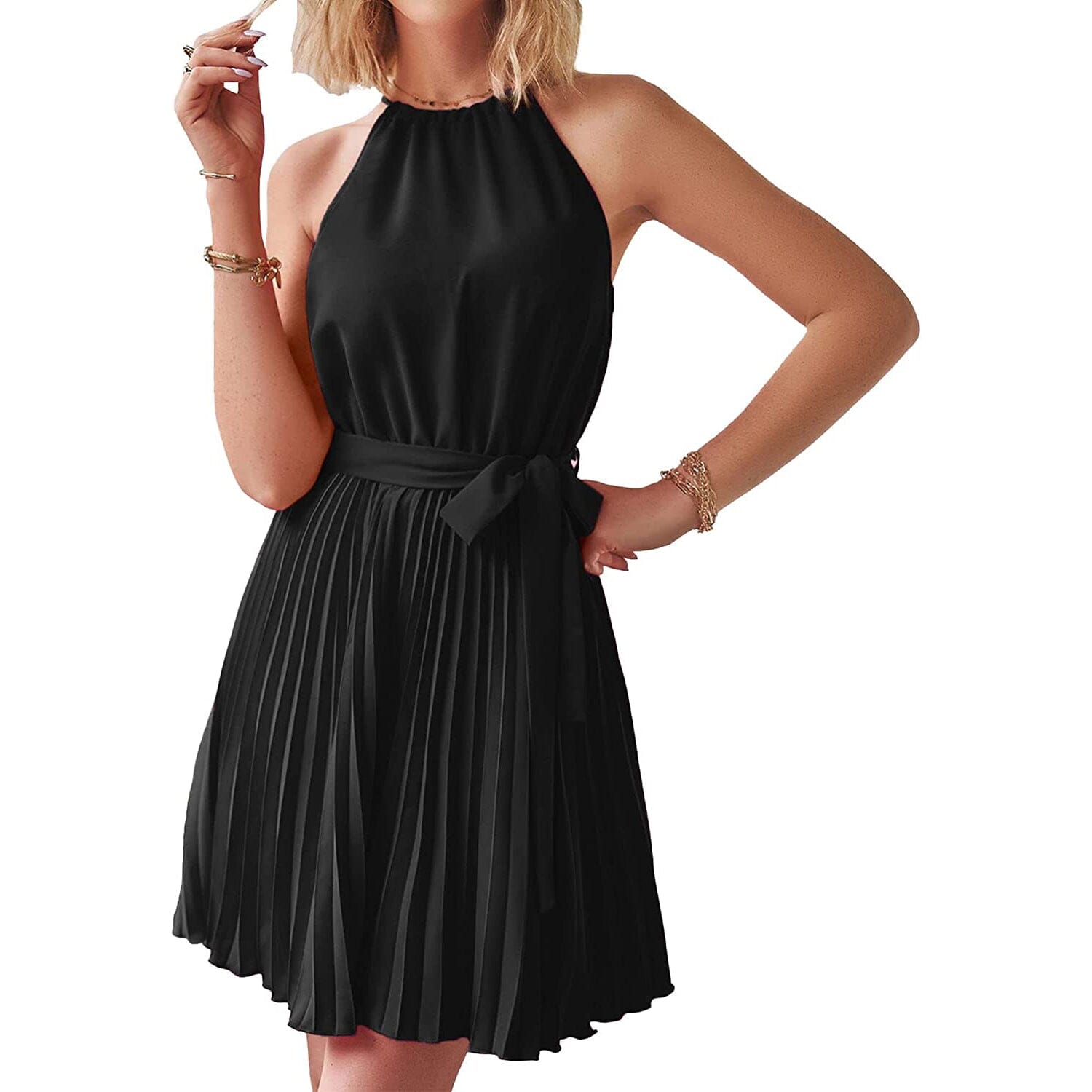 Casual Halter Neck A-Line Dress Sleeveless Belted Swing Pleated Cocktail Party Beach Mini Dresses Affordable Sale Online