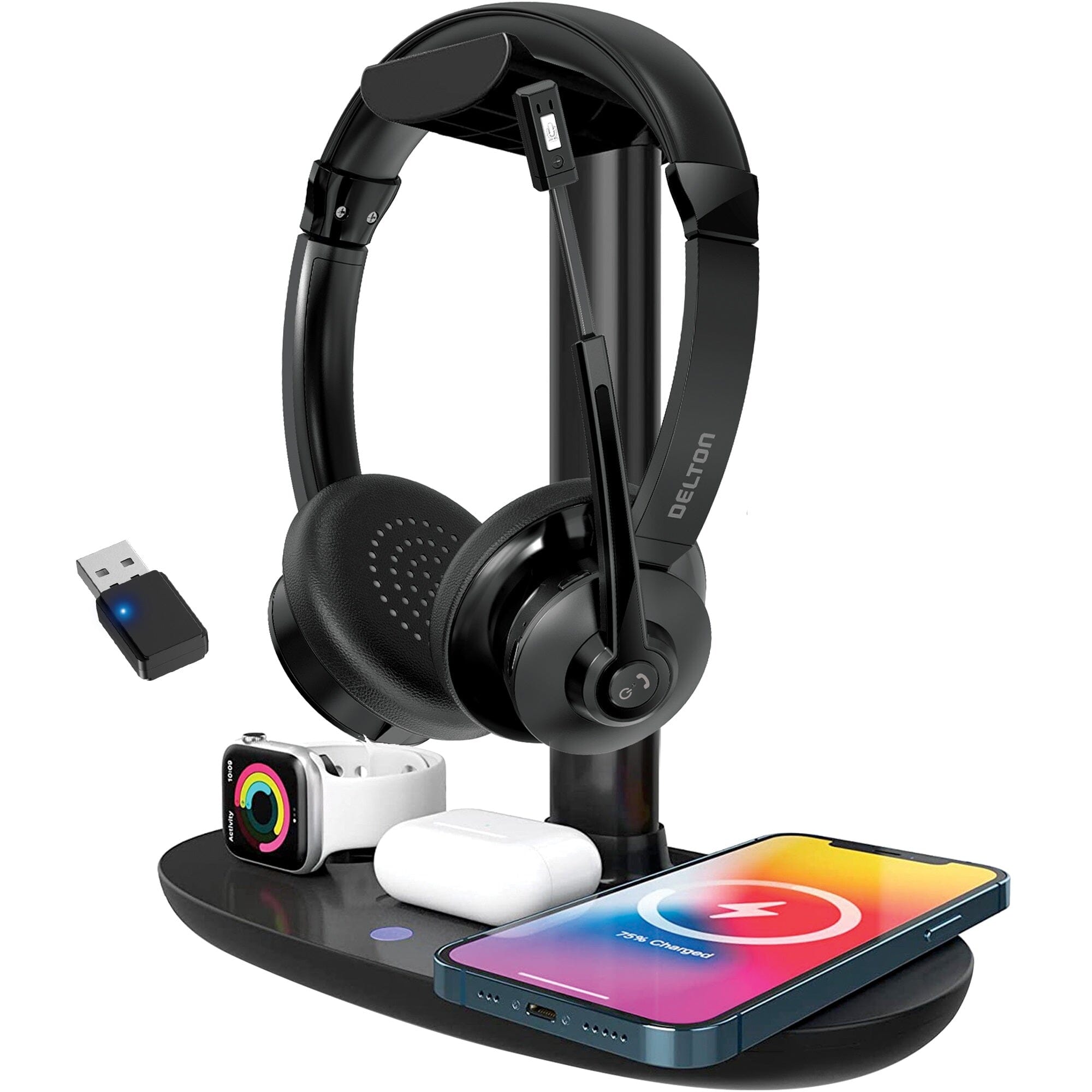 Delton 30X Bluetooth Headset and 3-in-1 Wireless Charging Station with Headset Holder Outlet Explore