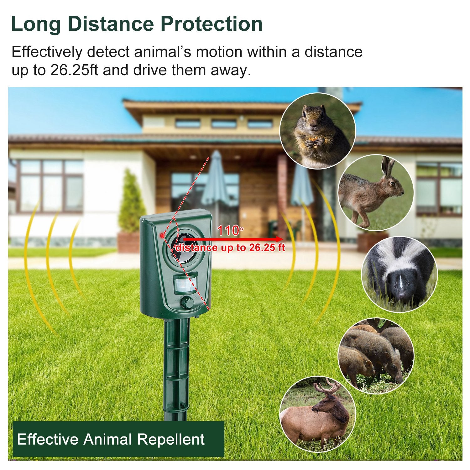 Ultrasonic Animal Repeller IP4 Waterproof Motion Sensor Repellent with Flashing Led Light Finishline For Sale