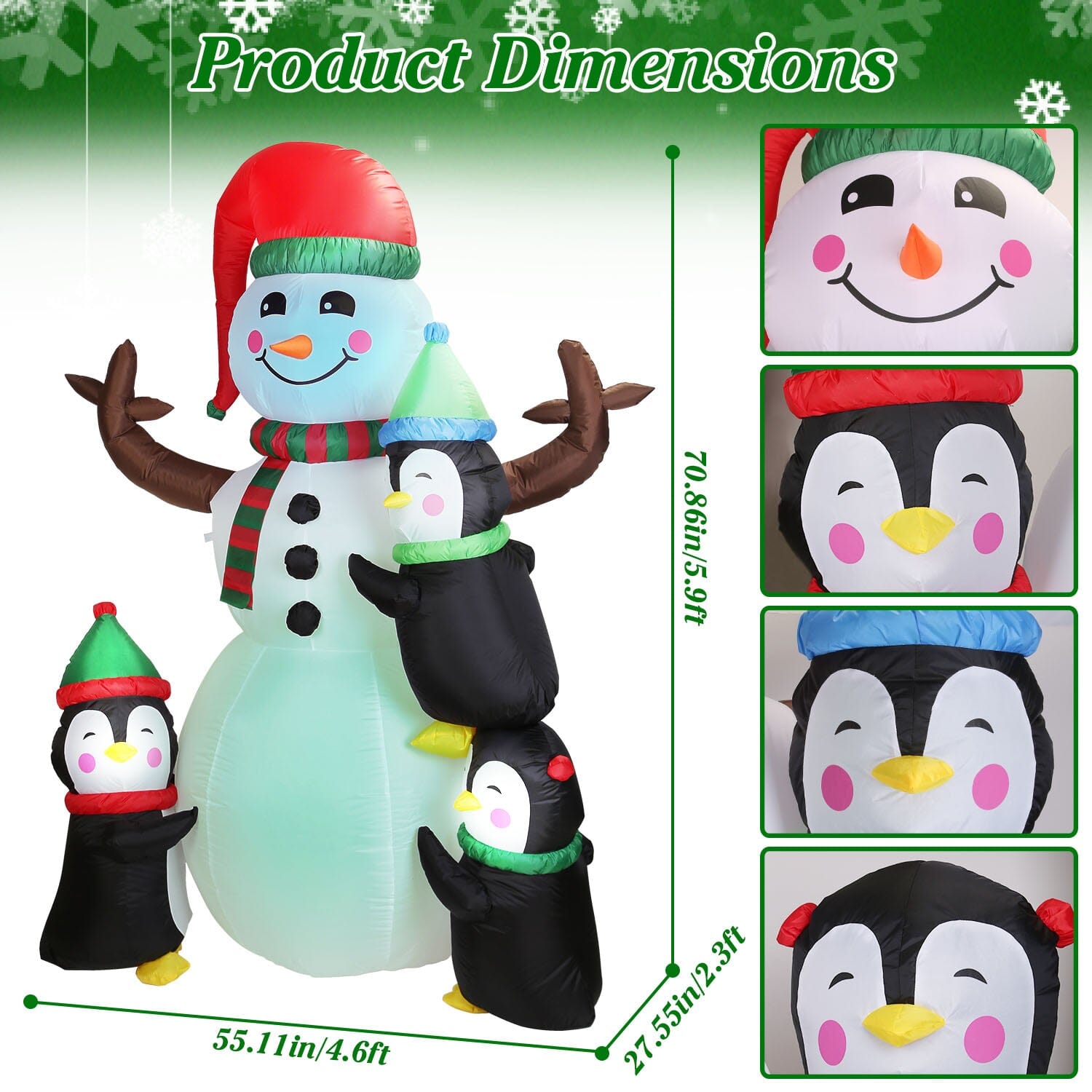 5.9Ft Snowman and Penguin Blow Up Yard Decoration with LED Light Built-in Air Blower Free Shipping For Sale