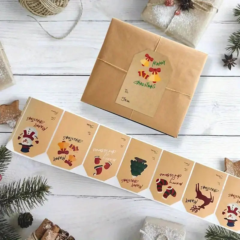 250 Pieces/Roll Christmas Stickers - 2x3 Kraft Paper Tree Socks Snowman Elk Merry Christmas Outlet Clearance