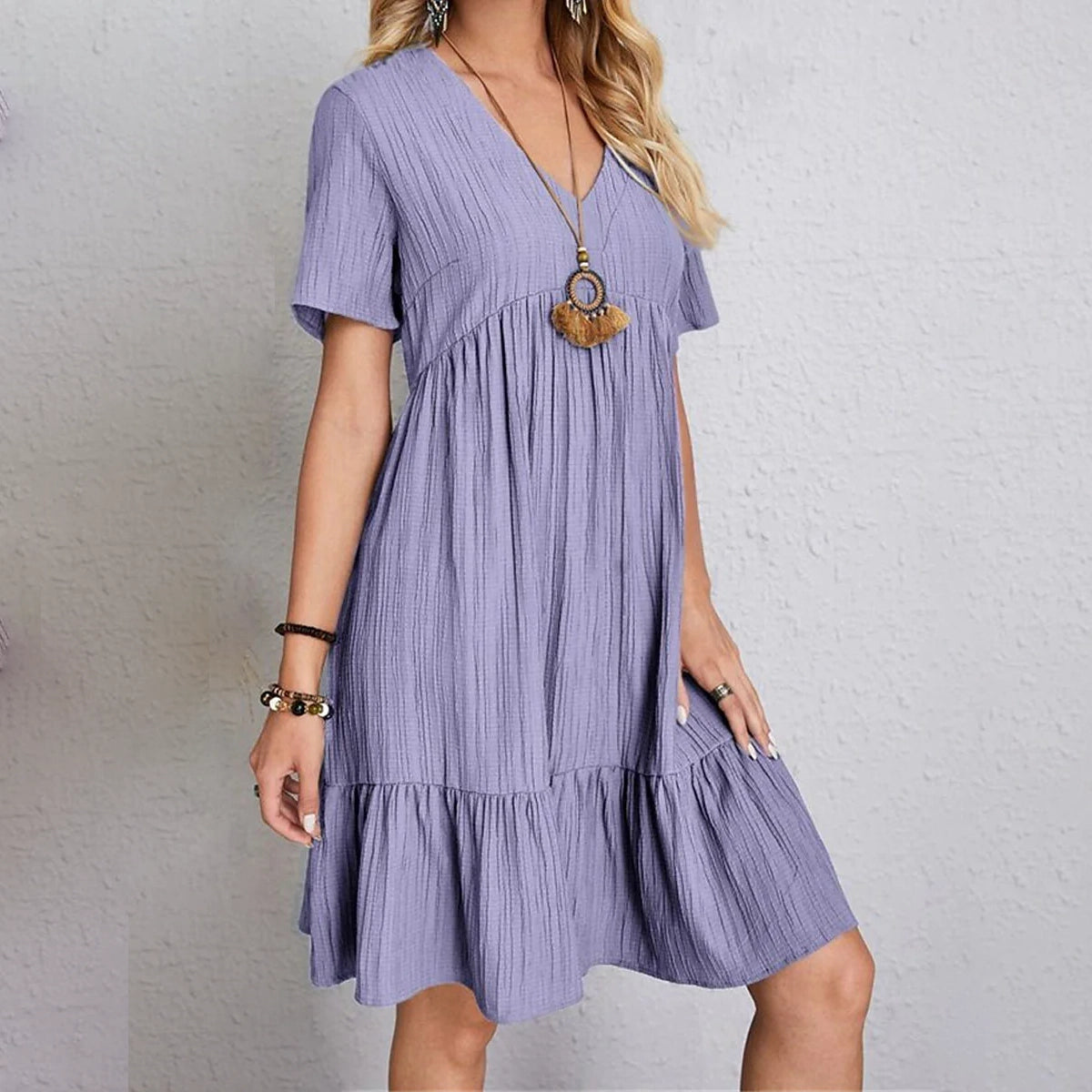 Women's Casual Dress Ruffle V Neck Midi Shift Dress Recommend Online