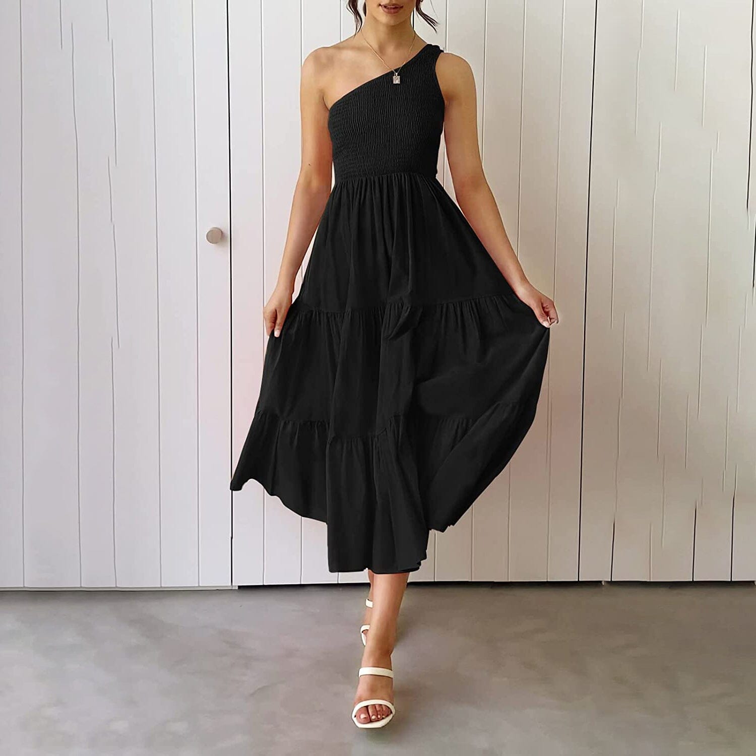 Womens One Shoulder Sleeveless Smocked Ruffle Tiered Beach Long Midi Dress Discount 2025 Unisex