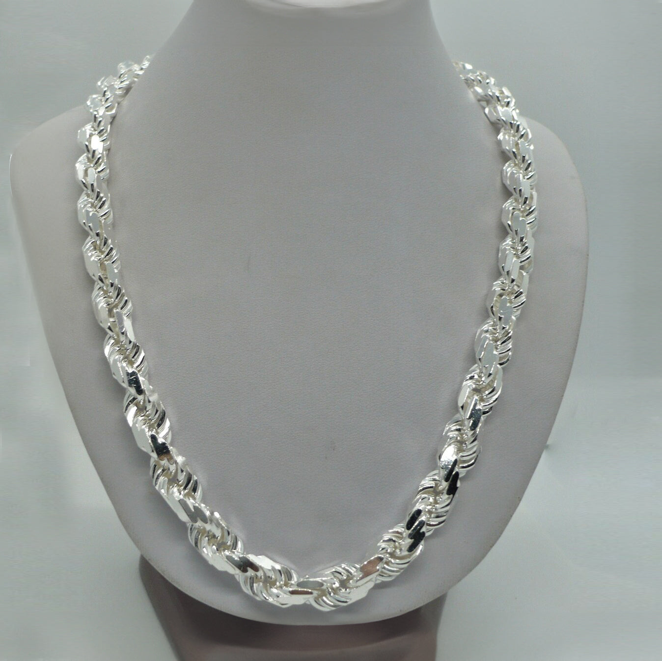 Solid 925 Sterling Silver Italian Rope Chain Mens Necklace 9mm - Diamond Cut Classic